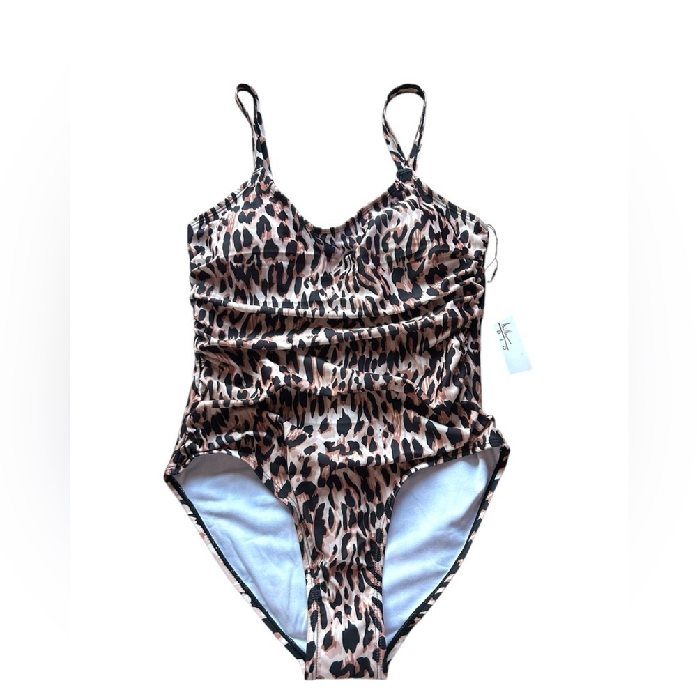 Nicole Miller Leopard Print One Piece Swimsuit Womens Ruched Animal Size M‎